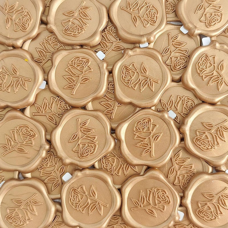 Pilloze Wax Seal Stickers - 3D Rose Wedding Invitation Envelope Botanical Seal Stickers, 50 Pcs Self- Adhesive Light Gold Stickers, Perfect for Invitation, Christmas, Gift Wrapping, Wedding, Party - Image 1